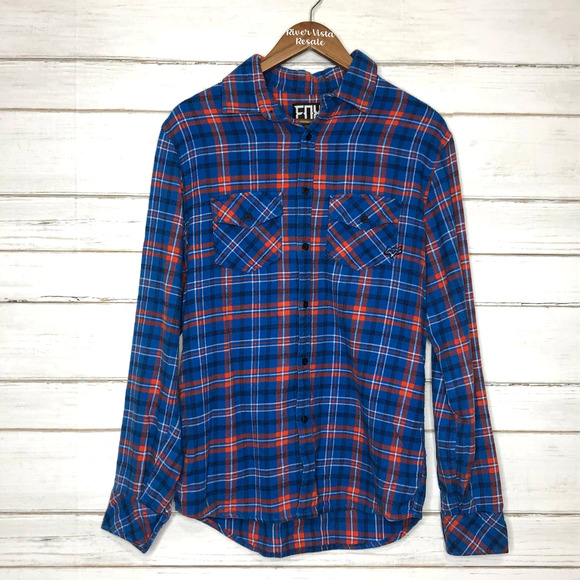 Fox Other - Fox Racing Blue Orange Plaid Flannel Button Up Long Sleeve Shirt Size Medium